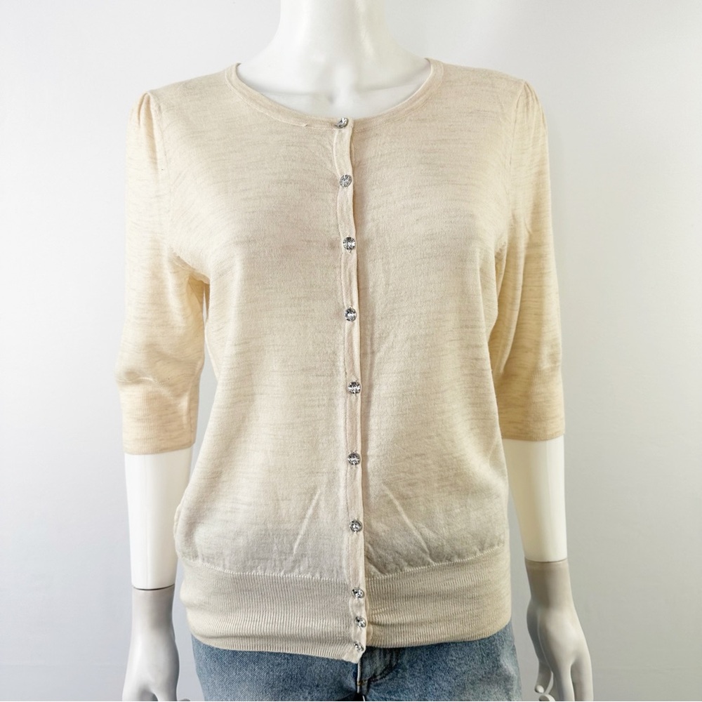 Vertical Design Ivory 100% Merino Wool Cardigan Size L Casual Preppy Classic NEW